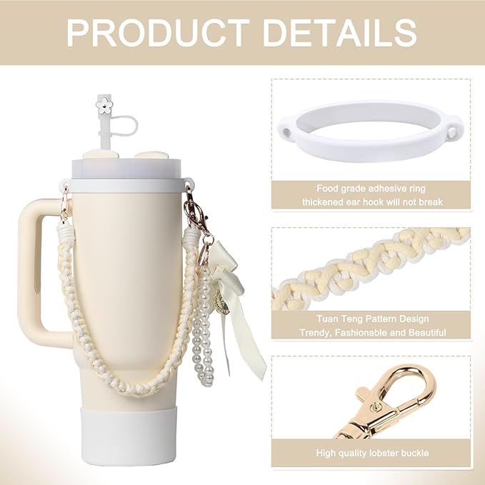 Stanley Cup Accessories Set- Water Bottle Handle Strap, Stanley Cup Protective Silicone Boot, Bow Design Stanley Charms for Stanley Cup 40oz /30 oz Tumbler (white)