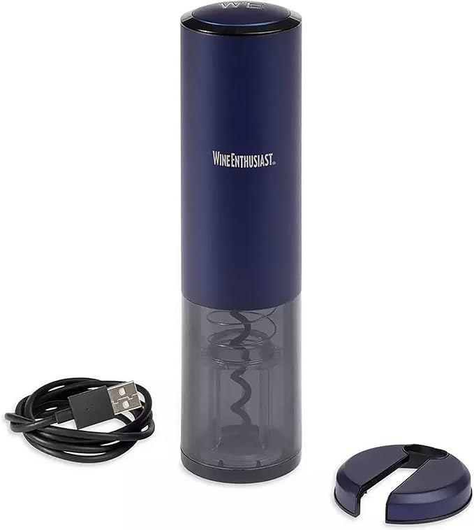 Wine Enthusiast Electric Blue Automatic Wine Opener with Foil Cutter – Battery-Operated Corkscrew with USB Charger & Indicator Light