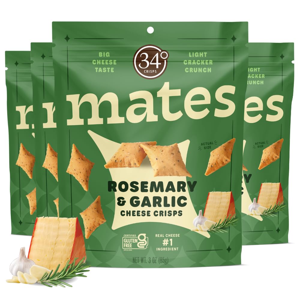 34 Degrees Mates Rosemary Garlic Cheese Crisps - Light & Crispy Gouda Cheese Crackers | Gluten-Free, Low Calorie, Healthy Snack