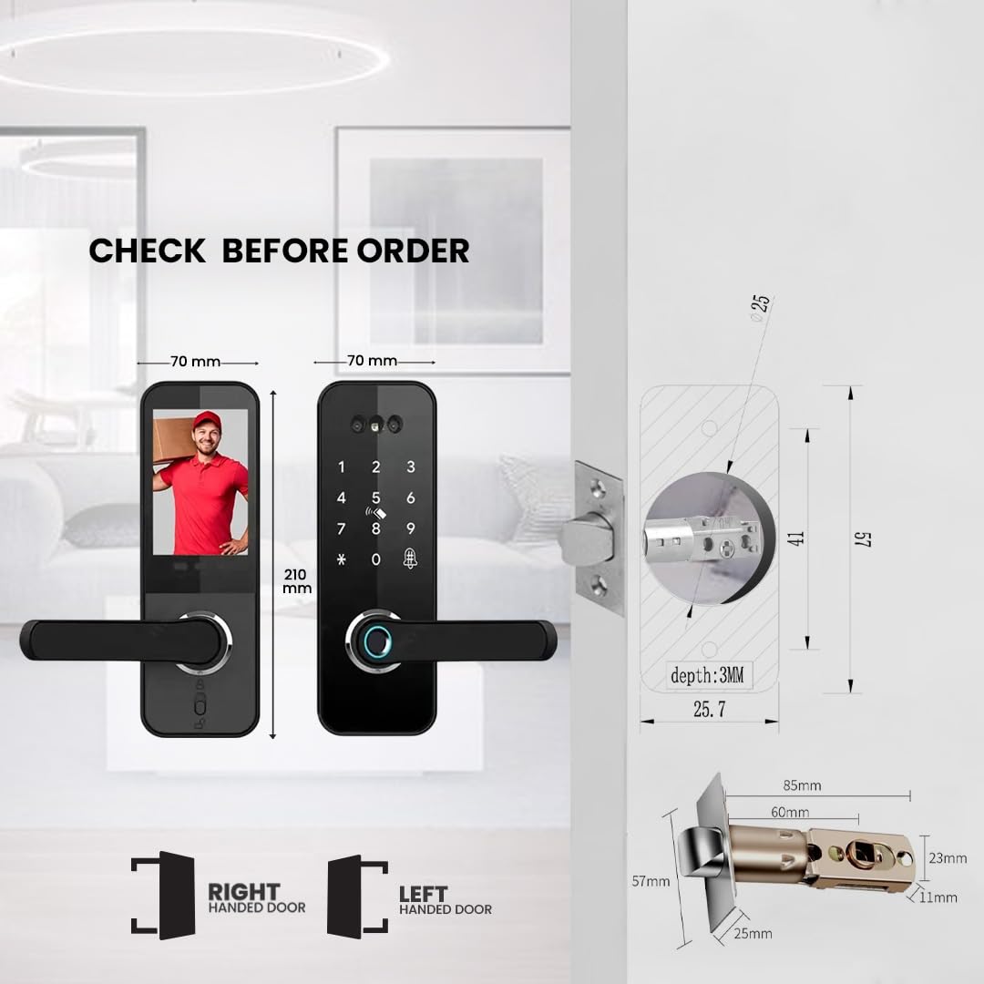 Smart Door Lock with Face Recognition – 6 Unlock Ways (Fingerprint, Face ID, Password, Card, Key, Tuya APP) | Keyless Entry & WiFi APP Control | Easy DIY Install | Weatherproof Design | Doorbell