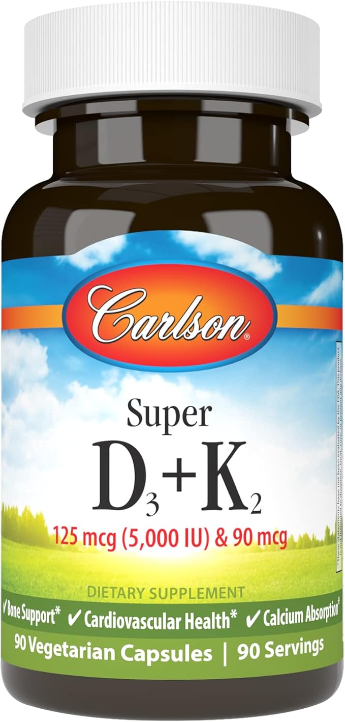 Carlson - Super D3 + K2, 125 mcg (5000 IU) Vitamin D3, 90 mcg Vitamin K2 as MK-7, Bone Support, Calcium Absorption, 90 Vegetarian Capsules