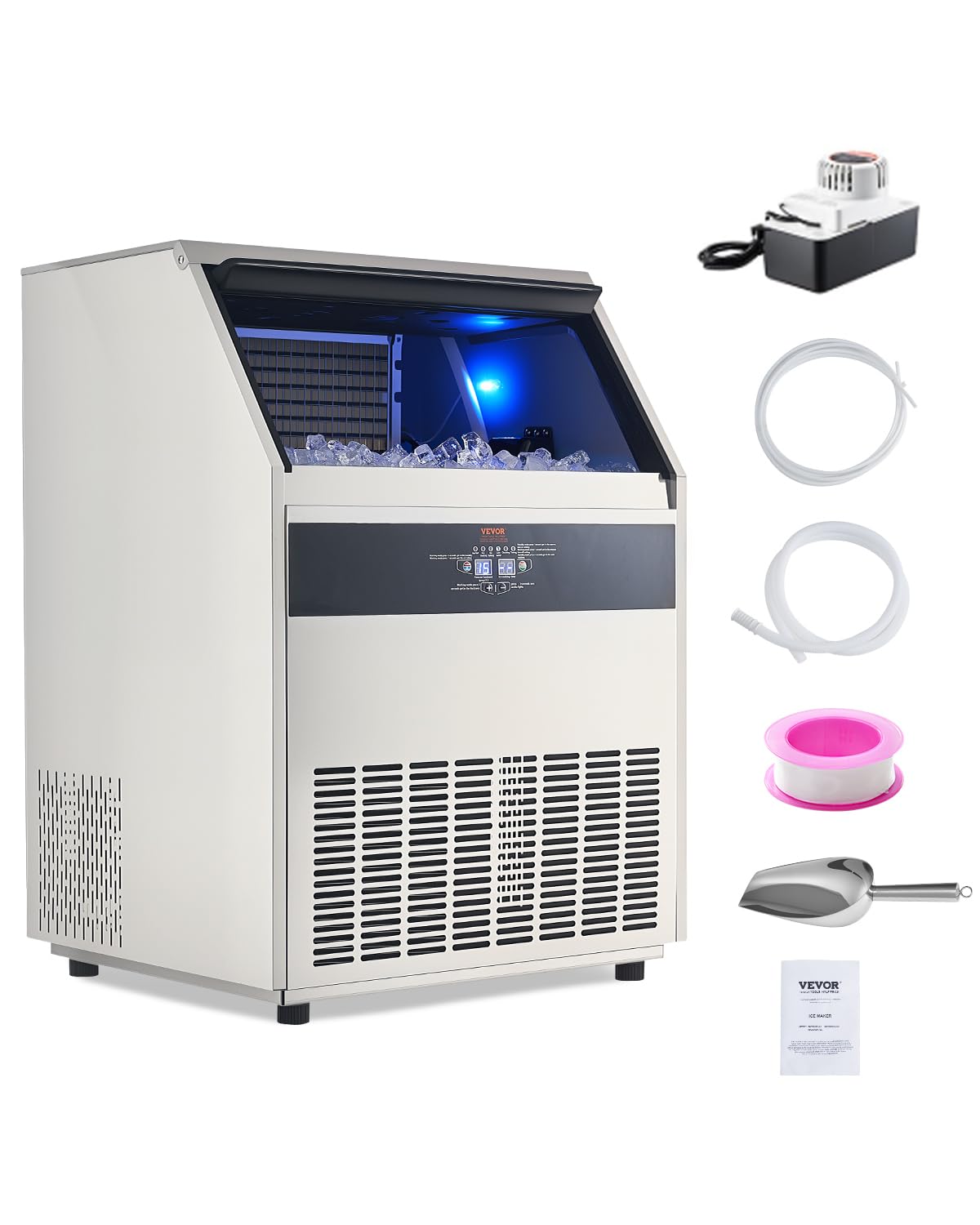 Vevor 440Lbs/24H Commercial Ice Maker Machine With Drain Pump, 110Lbs Storage Capacity Ice Maker, 160 Ice Cubes In 15 Minutes, L