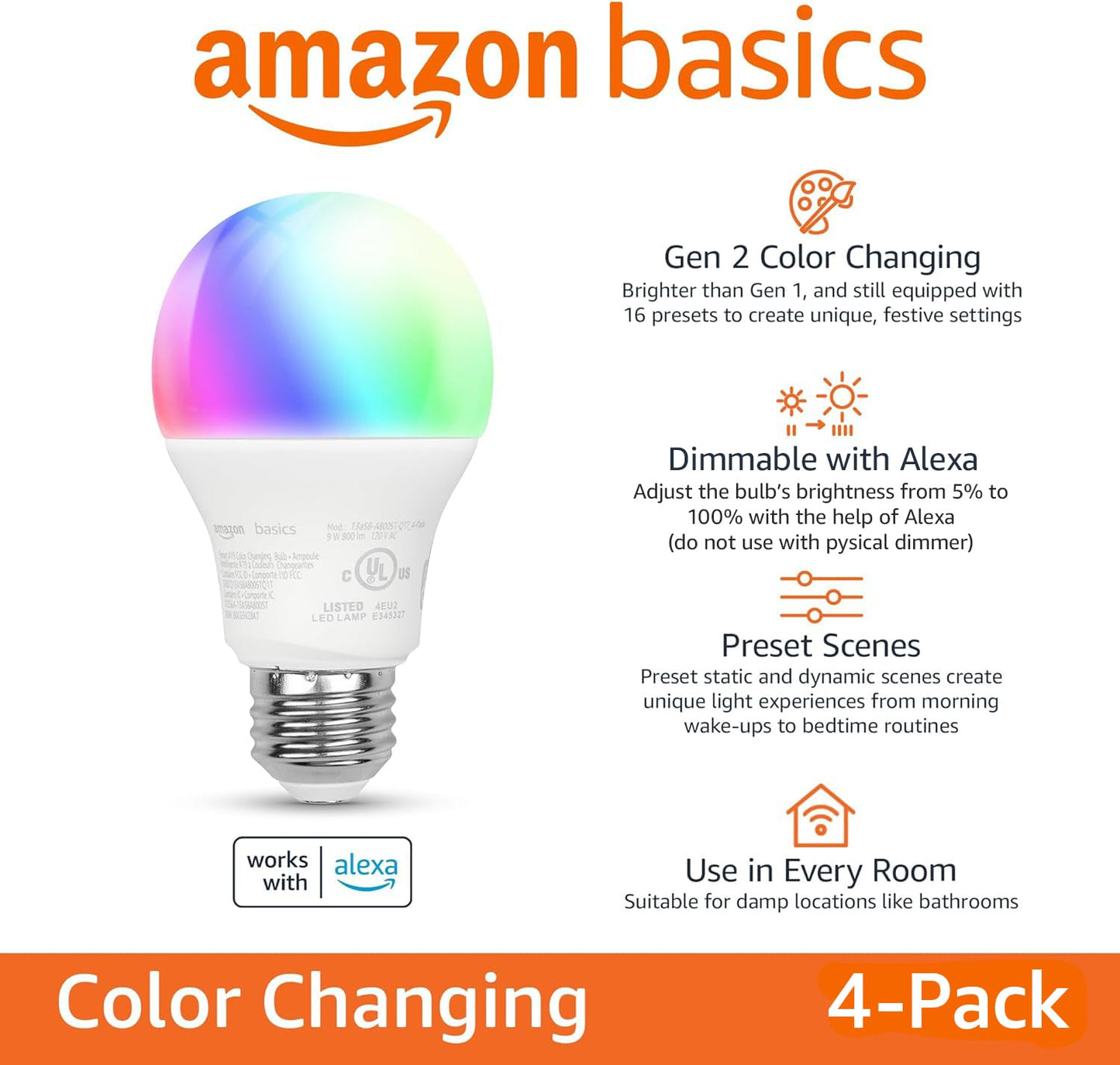 large online retailer Basics Smart A19 Led Light Bulb  Color Changing  9W (60W Equivalent)  800Lm  Works With Alexa Only  2.4 Ghz Wi-Fi  No Hub Required  4 Pack