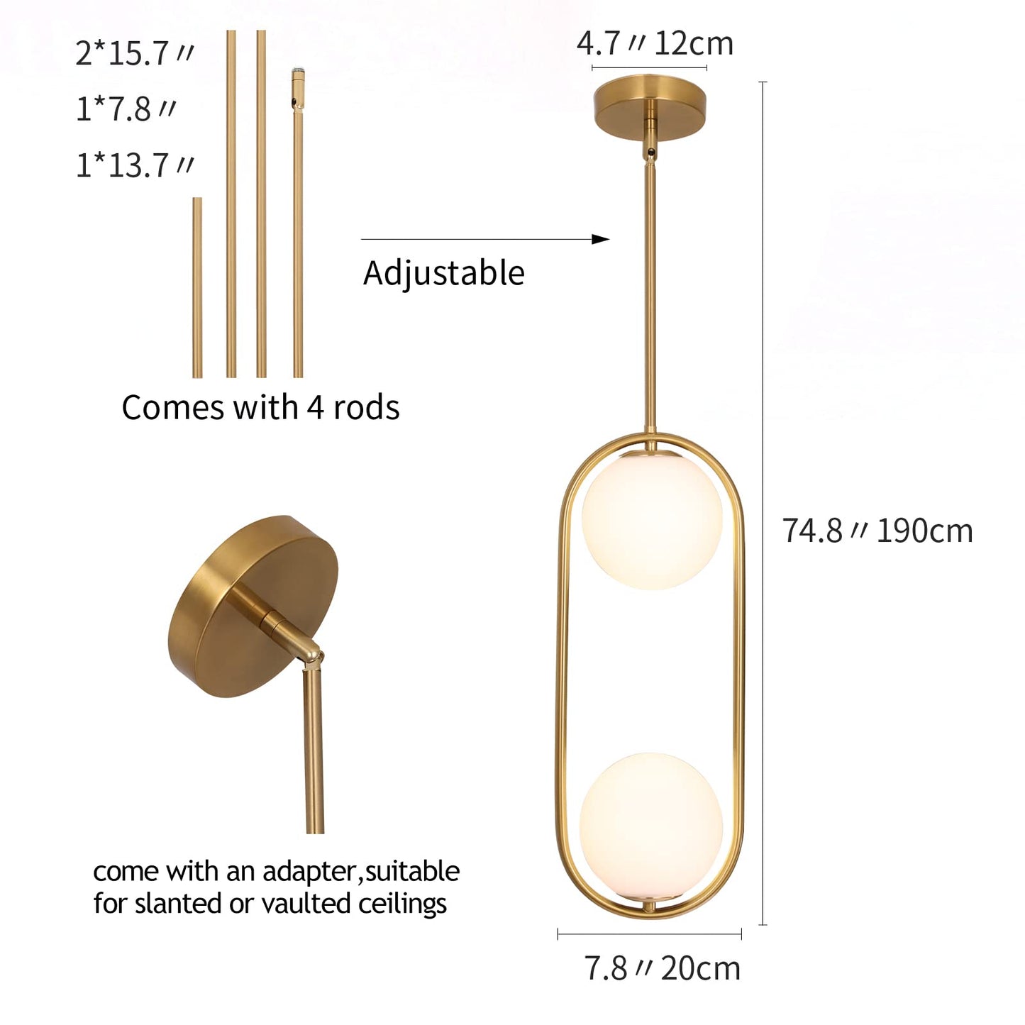 SeeU Modern Pendant Light Fixture, 2 Light, Metal, Gold, Globe Glass Lampshade, Model SeeU-MPL-v1