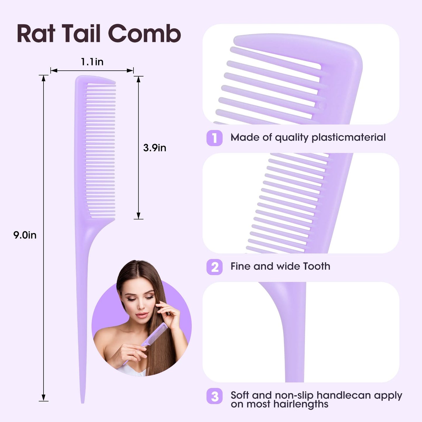 Rat Tail Comb Set-3Pcs Rat Tail Hair Teasing Fine Tooth Combs for Women Girls, Parting &Hair Styling Tools(Purple)