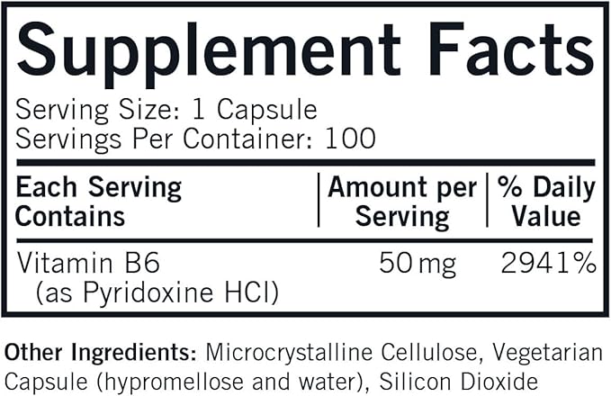 Kirkman Vitamin B-6 50 mg - Hypoallergenic - 100 Vegetarian Capsules - Gluten/Casein Free