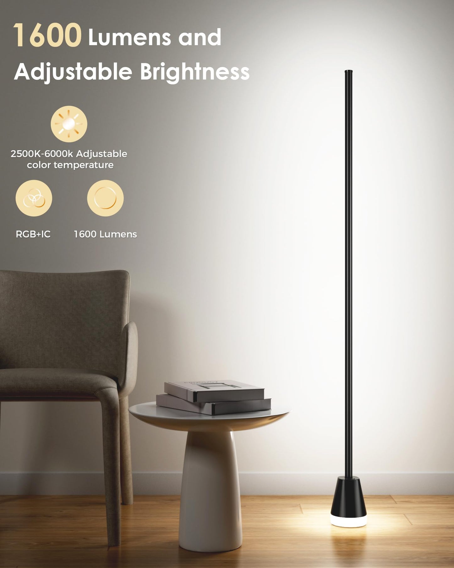 CCACC Smart RGB LED Corner Floor Lamp with App & Remote Control, 172 Light Beads, Music Sync, Black