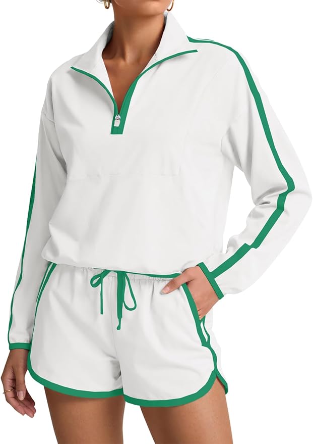 Fisoew Womens 2 Piece Outfits Sets Zip V Neck Long Sleeve Pullover Tops Shorts Casual Tennis Running Tracksuits