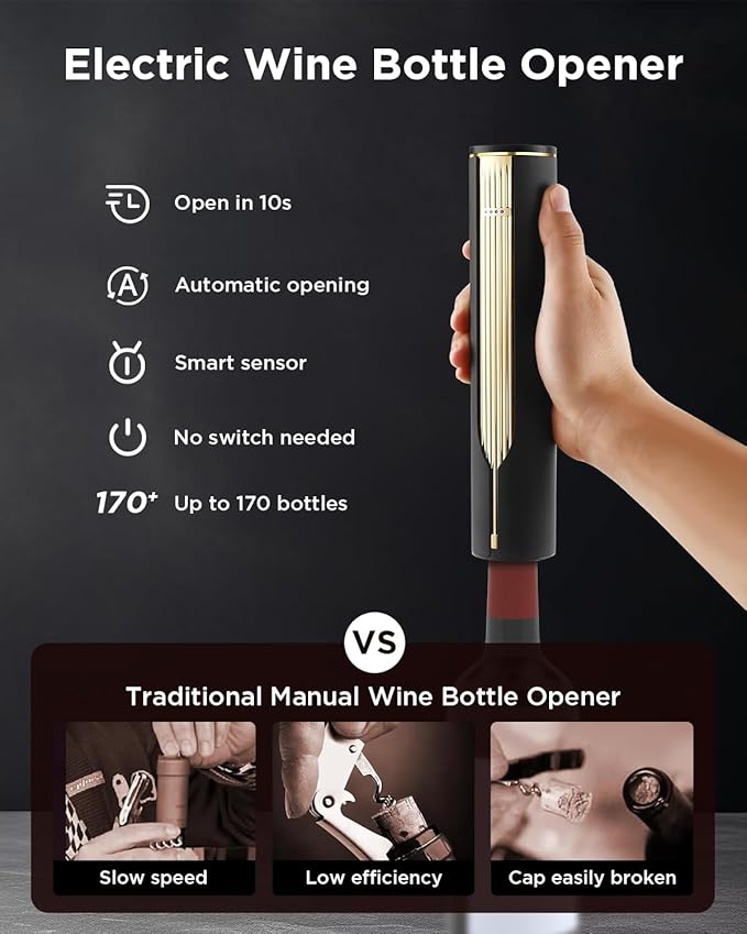 Rechargeable Electric Wine Opener with Charging Base & Foil Cutter, Automatic Corkscrew for 60 Bottles, Luxury Christmas White Elephant Gift for Wine Lovers Women Men - Gold & Black