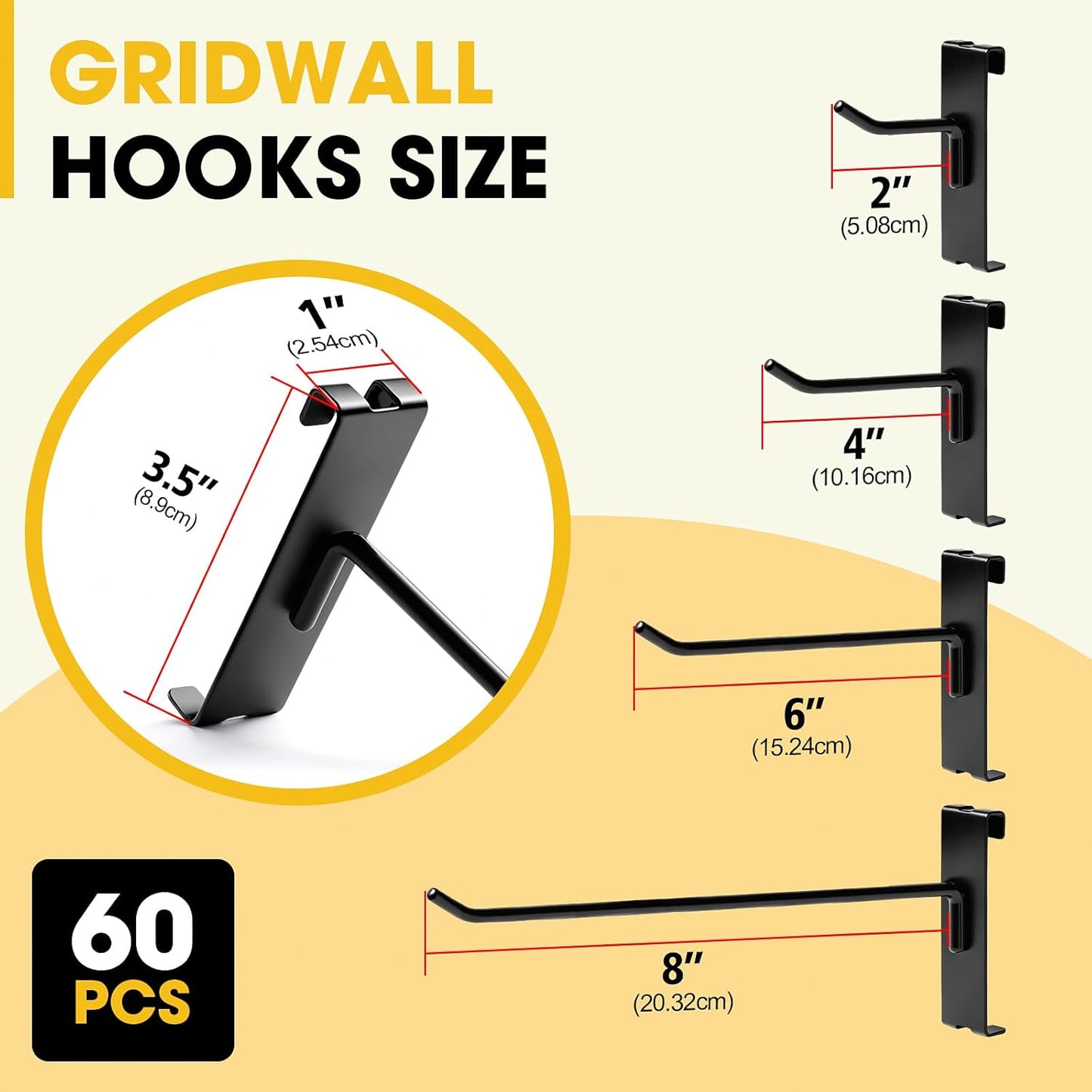 Gridwall Hooks 4 Inch 6 Inch 8 Inch, 60 Pack Heavy Duty Display Hook for Wire Grid Wall Panel, Grid Wall Accessories for Retail, Craft Shows, Home Setup and Customized Display, Black