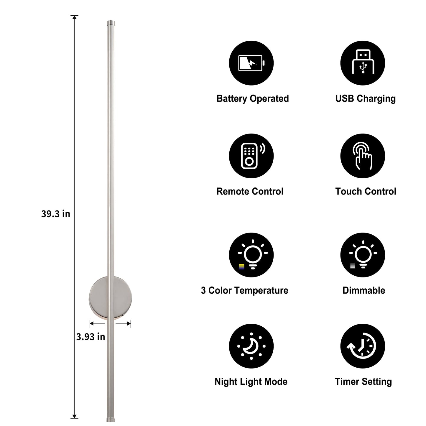KARTOOSH Battery Operated Wall Sconces, Dimmable LED Light Set of Two, 39.3 Inch, Nickel, Model ZM322B