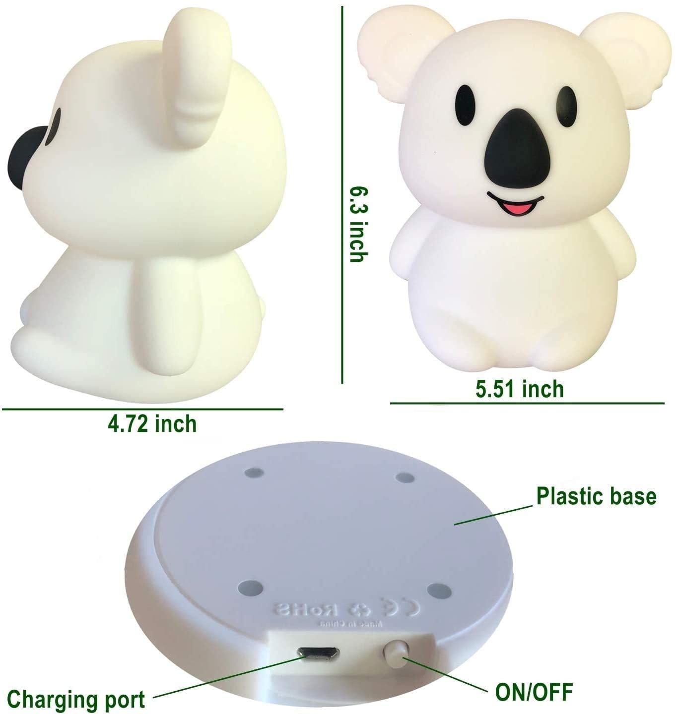 Tianhaixing Animal-Shaped Night Light, Rechargeable Led Silicone Lamp, 9 Colors, Touch & Remote Control, Big Koala, White