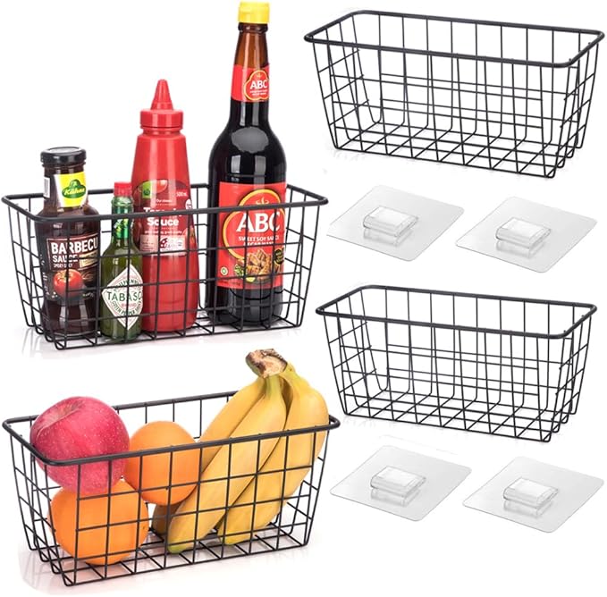 Hanging Kitchen Baskets Adhesive Sturdy Wire Storage Baskets with Kitchen Food Pantry Bathroom Shelf Storage No Drilling Wall Mounted,Black,4 Pack