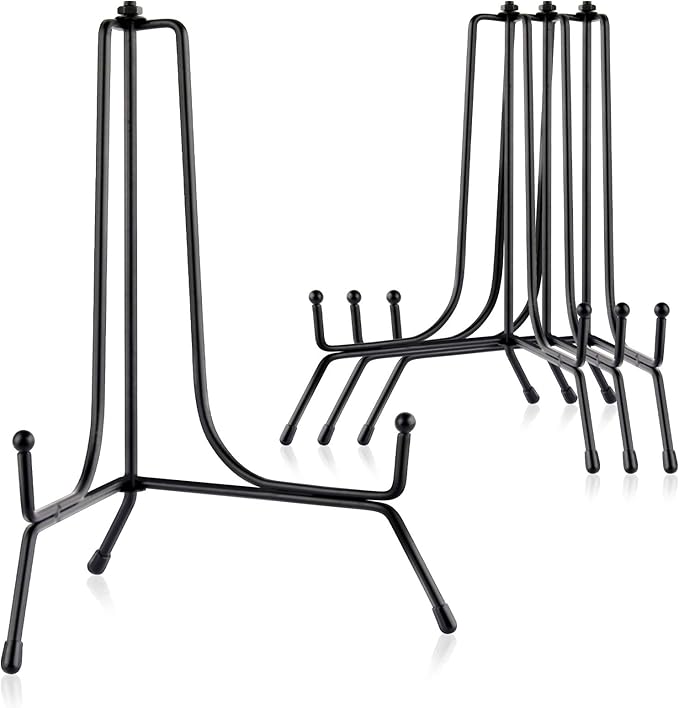 Mocoosy 4 Pack 8 Inch Improved Anti-Slip Plate Stands for Display, Plate Holder Display Stand, Picture Frame Holder Stand, Black Iron Easel Stands for Photo, Decorative Plate, Tablets and Table Art