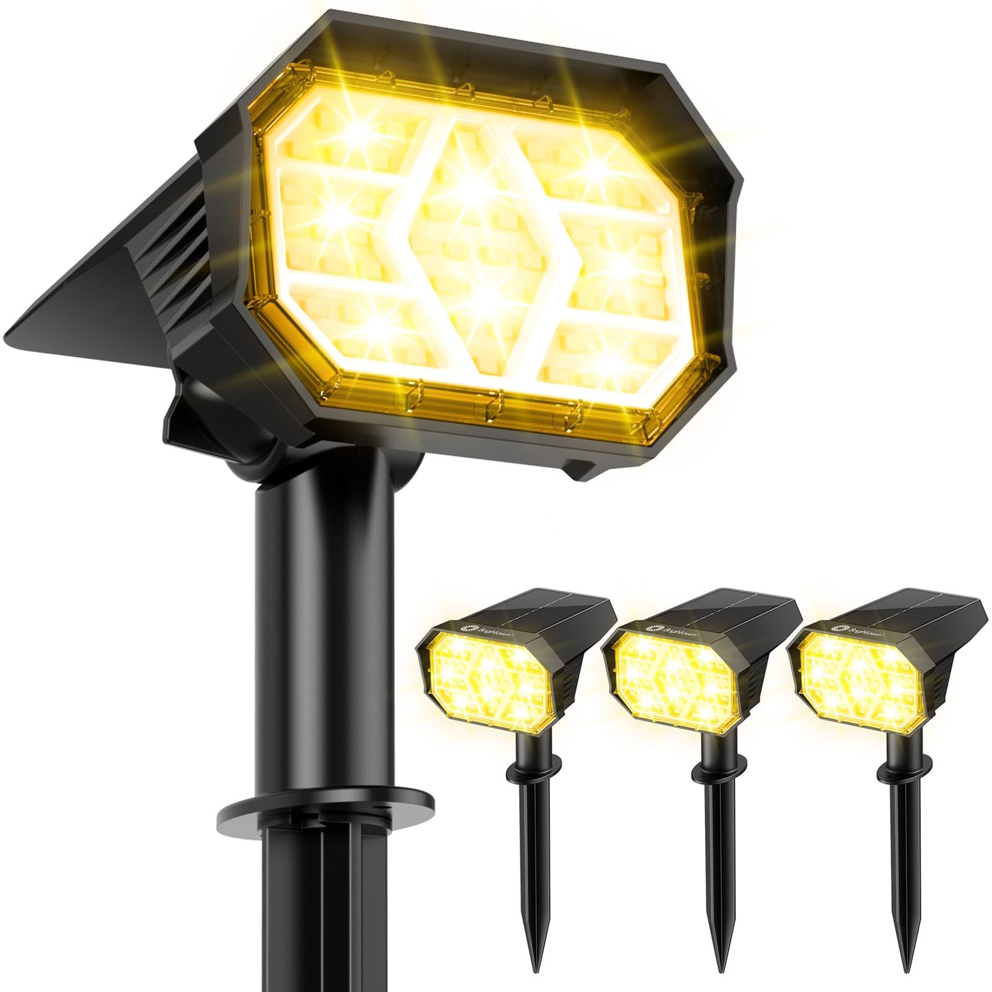 Brightown Solar Lights Outdoor with 58 LED & Auto ON/Off, IP67 Solar Spot Lights Outdoor with 3 Light Intensities. 2-in-1 Outdoor Solar Lights for Yard, Gardens, Flag and Pathways. 4Pcs (Warm White)
