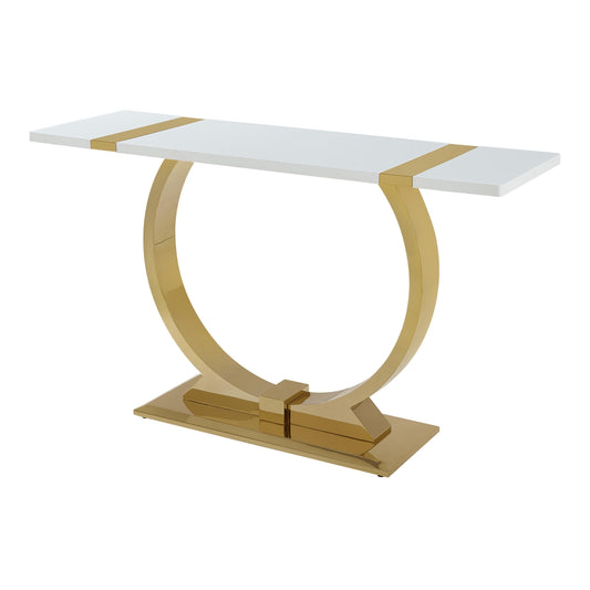 Furniture of America Wellit Glam Wood 50-inch White Sofa Table with O-Shaped Stainless Steel Trestle Base for Living Room, Gold