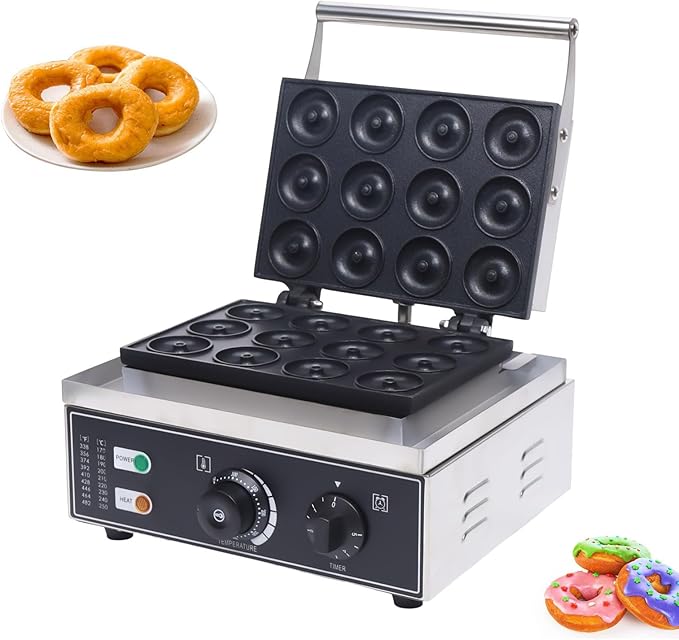 Electric Donut Maker, 12 Hole Double-Sided Heating Waffle Machine Makes, 1550W Commercial Non-stick Donut MakerTeflon-Coating for Restaurant & Home Use Temperature 122-572℉