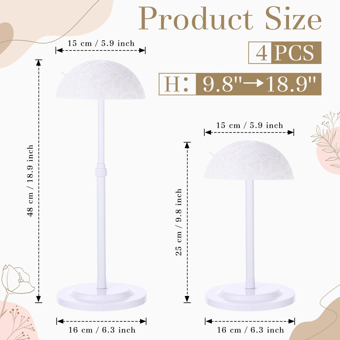 Geelin 4 Pack Wig Stand 9.8-18.9 Adjustable Height Wig Head Holder Non Slip Portable Hat/cap Display Stand for Multiple Wigs(Whi