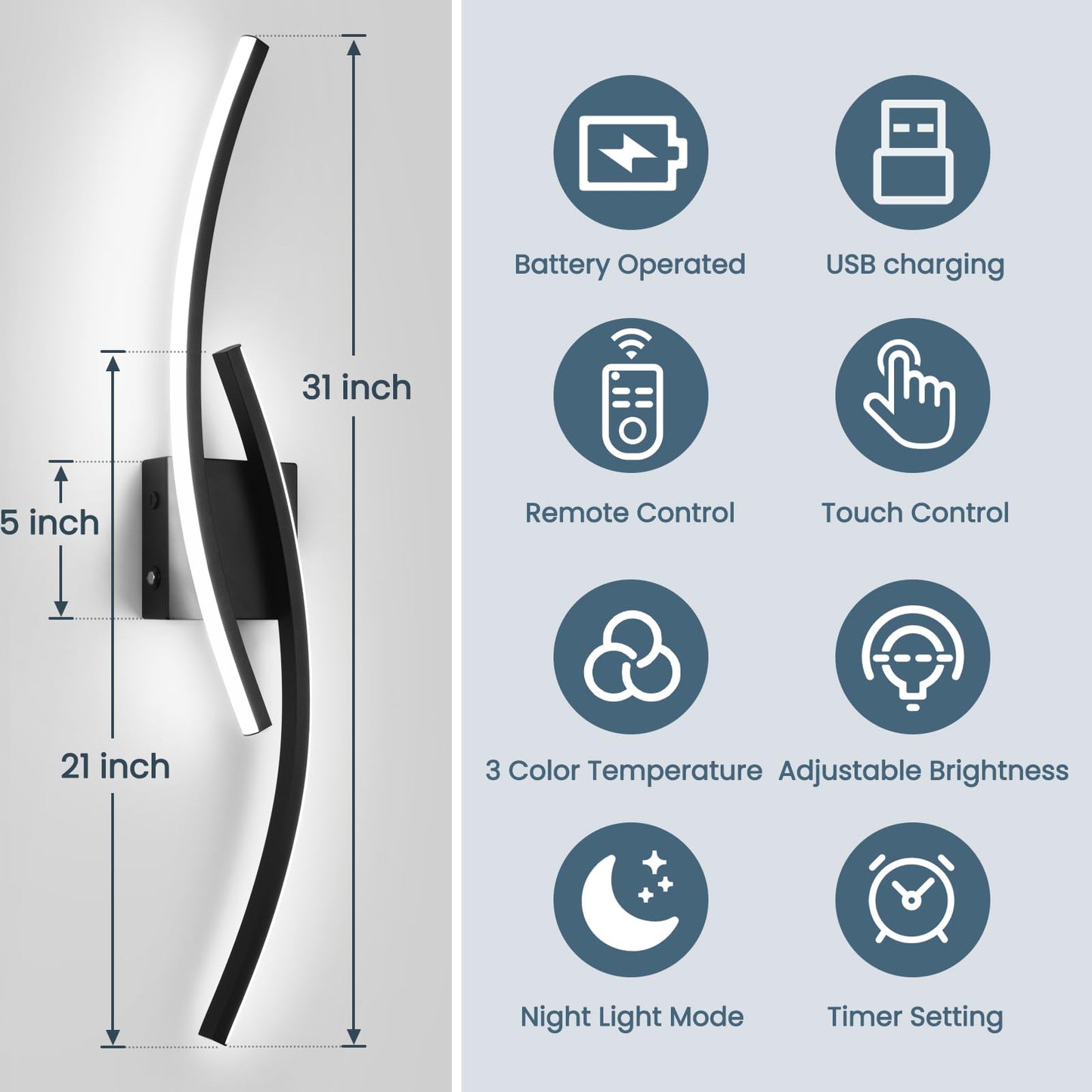 Sovinzert Wall Sconce, 15000mAh Battery Operated, Remote Control, 3000K-6000K LED, Aluminum, Black, 39.3 Inch