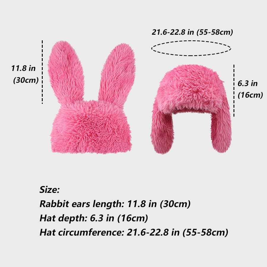 Furry Beanie Bunny Ears Hat Fluffy Warm Hat Plush Slouchy Beanies for Indoor and Outdoor (Black)