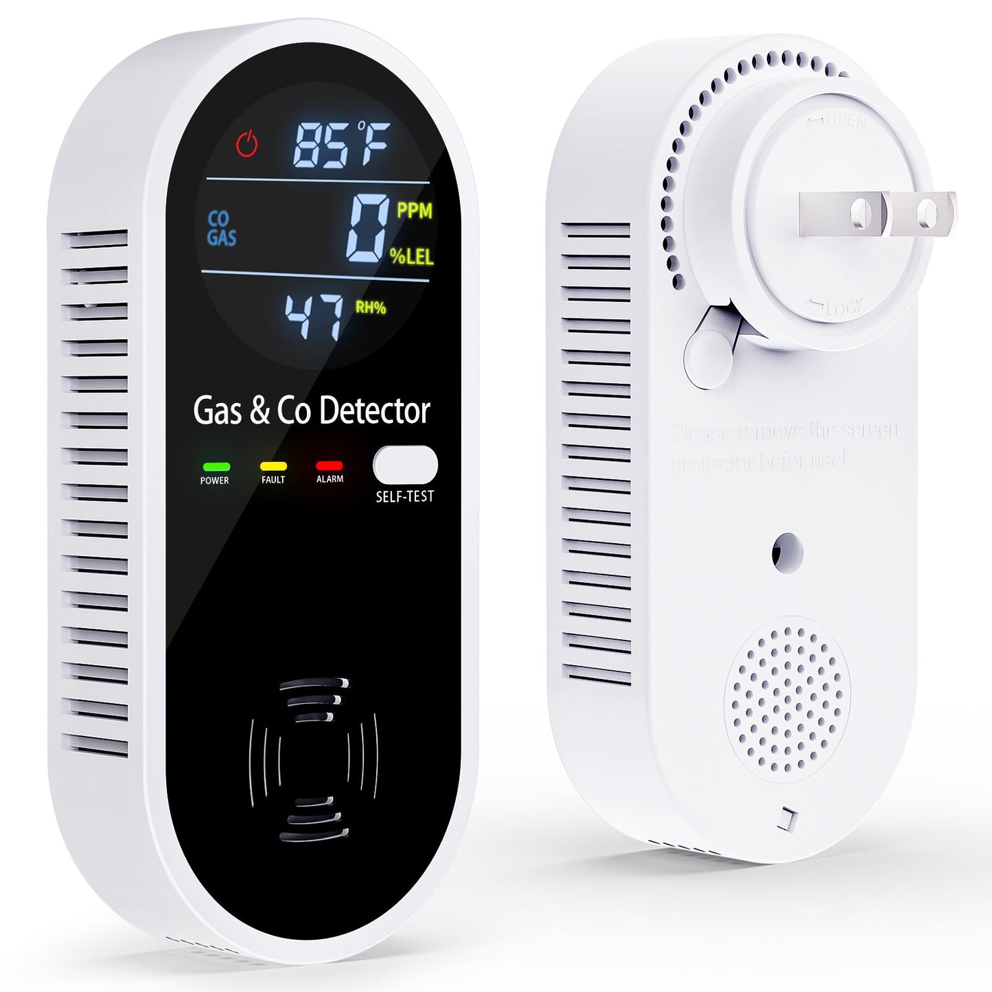 Gas and Carbon Monoxide Detectors Plug in, 4-in-1 Portable CO & Natural Gas Leak Detector with Temperature & Humidity Display for Home, Hotel, RV & Travel