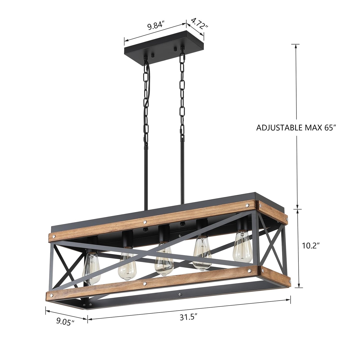 Rustic Farmhouse Wood Kitchen Island Lighting  5 Lights Rectangular Pendant Light Fixture  Adjustable Chain Oak Wood And Metal Linear Chandelier For Dining Room Kitchen Island Farmhouse  Black