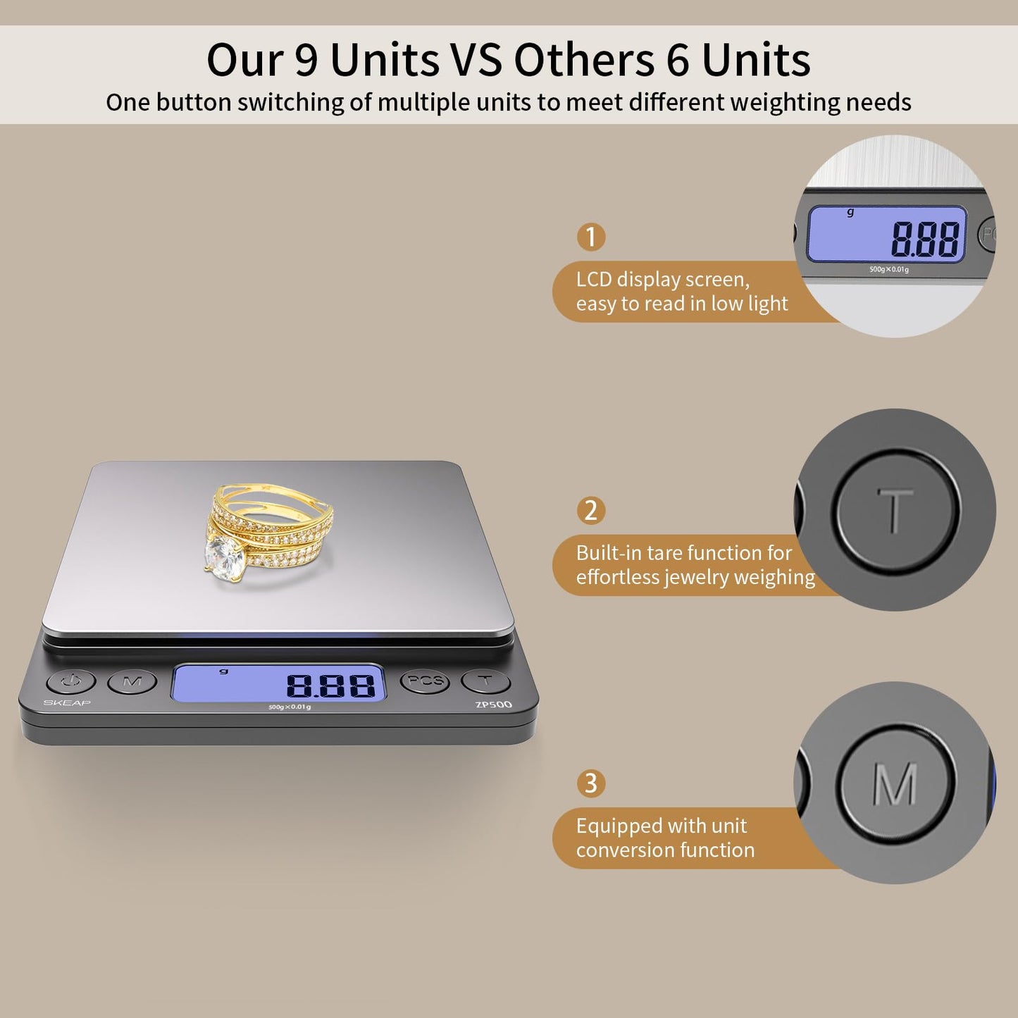SKEAP Digital Jewelry Scale – 500g x 0.01g Precision Gold Scale for Jewelers & Collectors, Digital Pocket Scale with Backlit LCD, Tare Function– Ideal for Gemstones, Bullion & Coins.