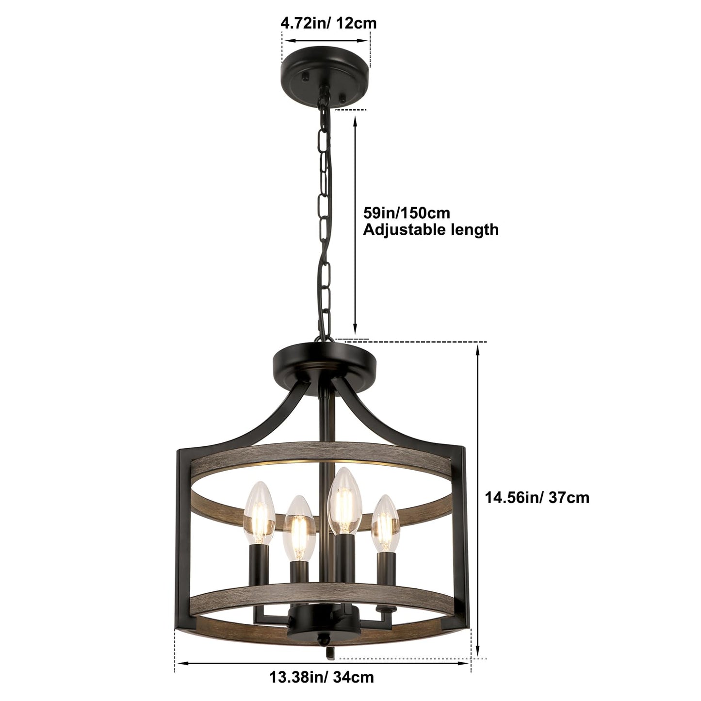 Wbindx 4-Light Farmhouse Chandelier  Rustic Metal Hanging Pendant Lighting  Convertible Semi Flush Mount Ceiling Light Fixture Faux Wood Black Chandeliers For Dining Room Kitchen Foyer Entryway
