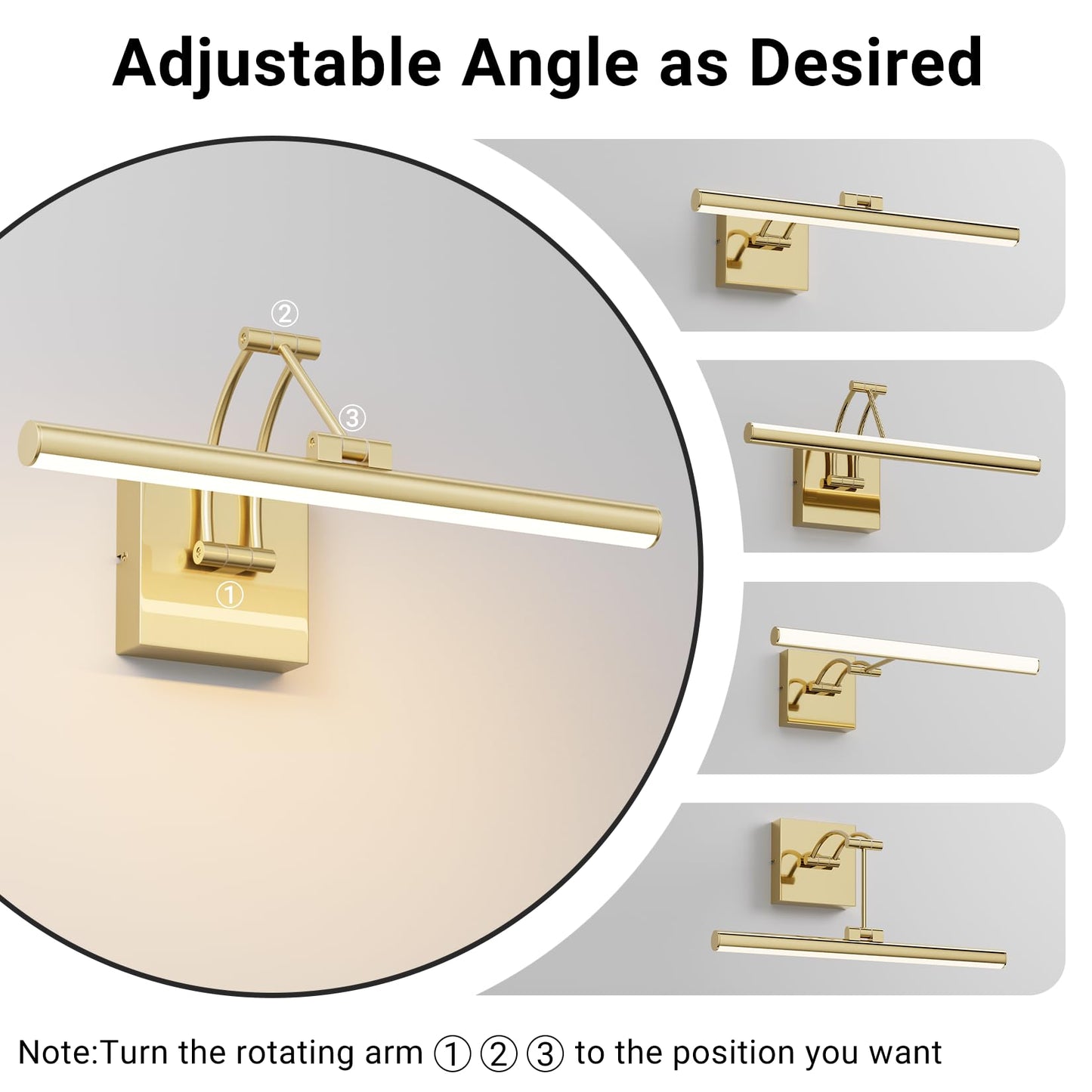 Tipace Hardwired Picture Light - 15.7in Dimmable Gold LED Wall Art Lighting, Model 9892, Aluminum & Acrylic