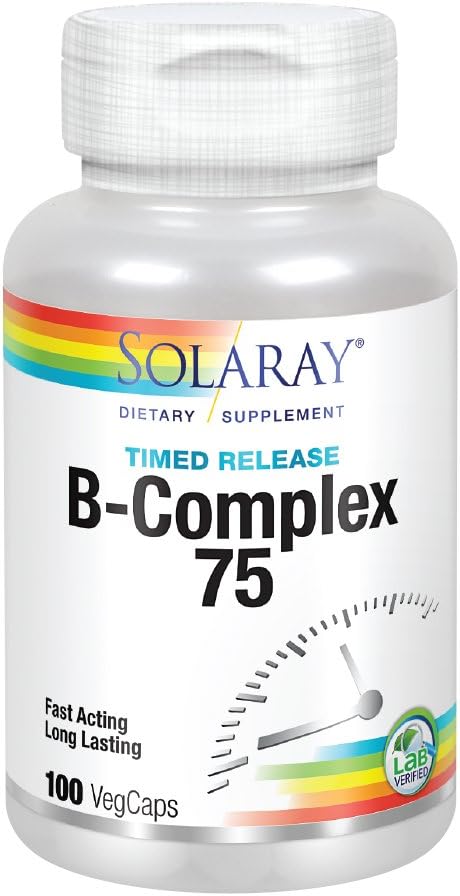 SOLARAY Vitamin B-Complex 75mg | Two-Stage Timed-Release for Extended Availability | Support for Hair, Skin, Nails, Nerves, Immune Function | 100 CT