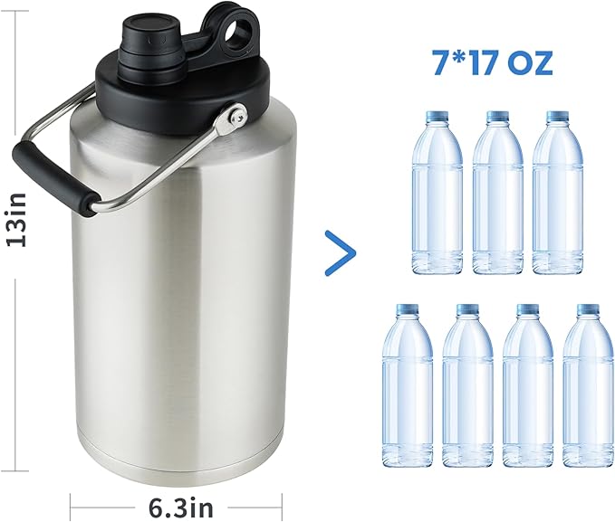2 Packs 1 Gallon Water Jug Bottle Insulate, 128 oz Stainless Steel Water Bottle Wide Mouth Double Vacuum Dishwasher Safe BPA Free for Hot & Cold Drinks Stainless Steel