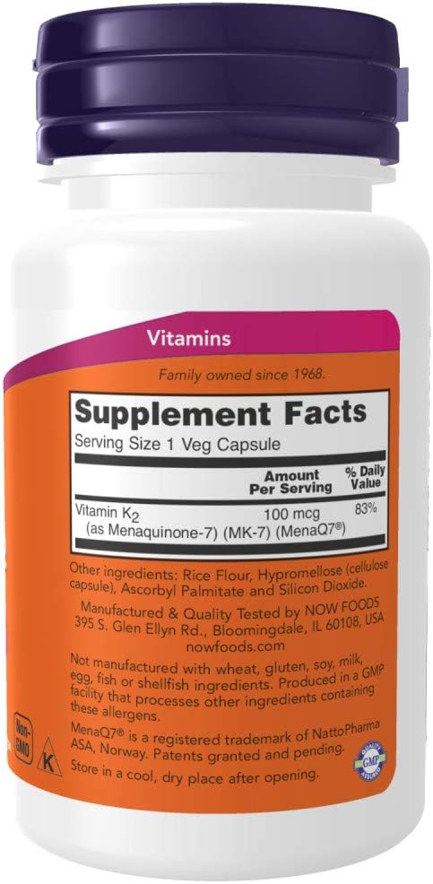 Now Foods Vitamin K-2 (MK7) Veg Capsules, 100 mcg, 60 Count, Pack of 2