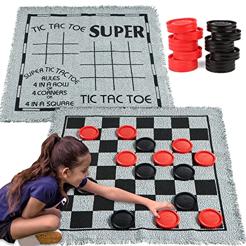 3-in-1 Vintage Giant Checkers, Tic, Tac, Toe, with Reversible Mat, 24 Chips, Family Board Game, Lawn Game, BBQ Party Favo...