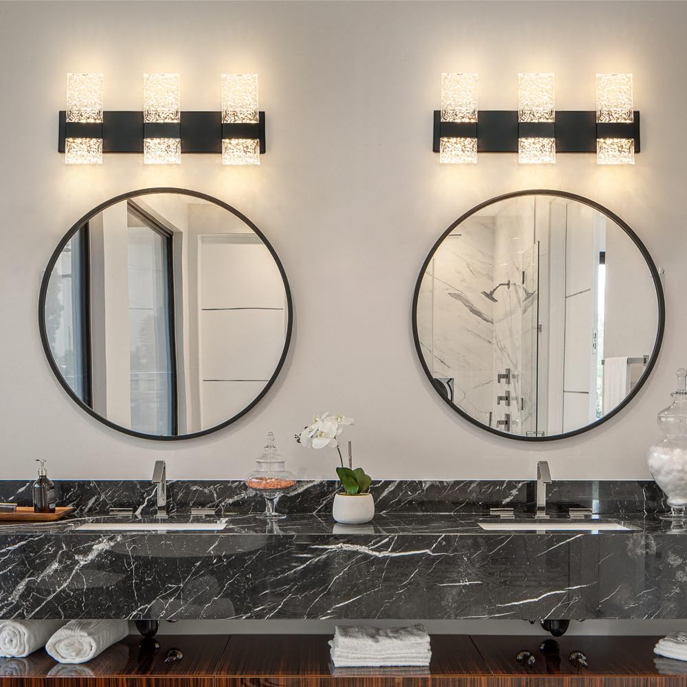 Modern Matte Black 6-Lights Bathroom Vanity Light  Eleglant Black Led Bathroom Light Fixtures Over Mirror  Dimmable Acrylic Shade Wall Lighting Fixtures  Hardwired Wall Light(H9.25In  L21.26In)