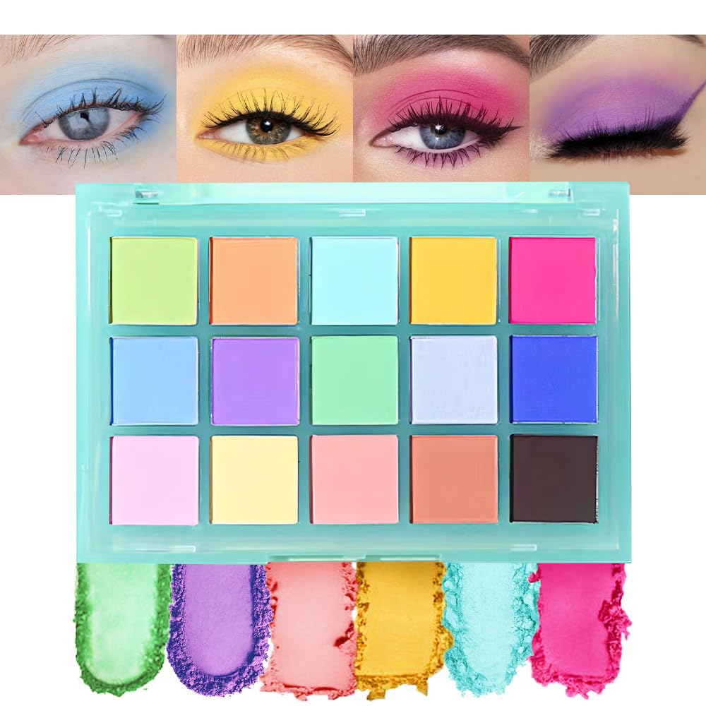 Eye Shadow Makeup Palette,15 Colors Bright Colorful Neon Rainbow Green Purple Yellow Highly Pigmented Neutral Eyeshadow Palette,