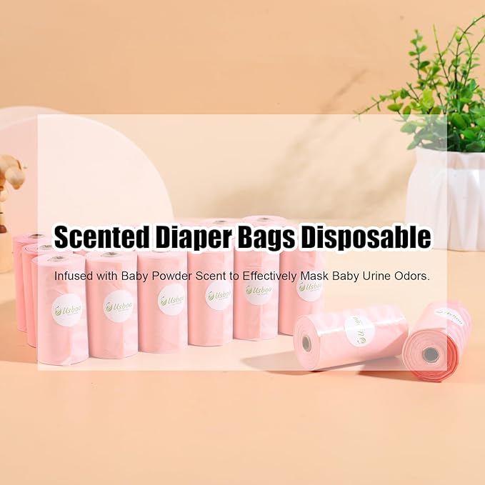 Disposable Diaper Bags for Baby - 20 Refill Rolls (300 Pack), Disposable Trash Bag with Dispenser - Cherry Blossom Scented, Pink, Ideal for Diaper Dispoal