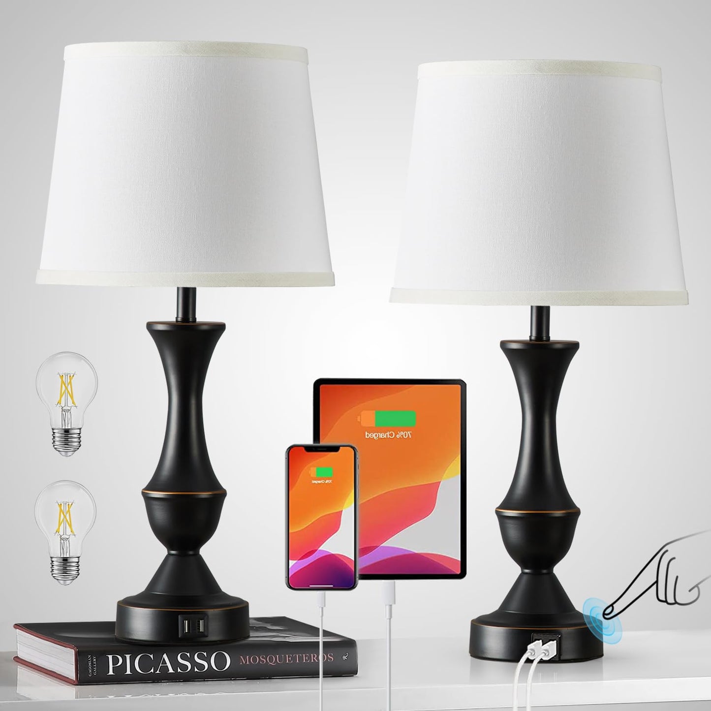 Luvkczc Touch Bedside Lamps Set of 2, 3-Way Dimmable, USB Ports, White Linen Shade, Model L-73008-07, Black/White Color