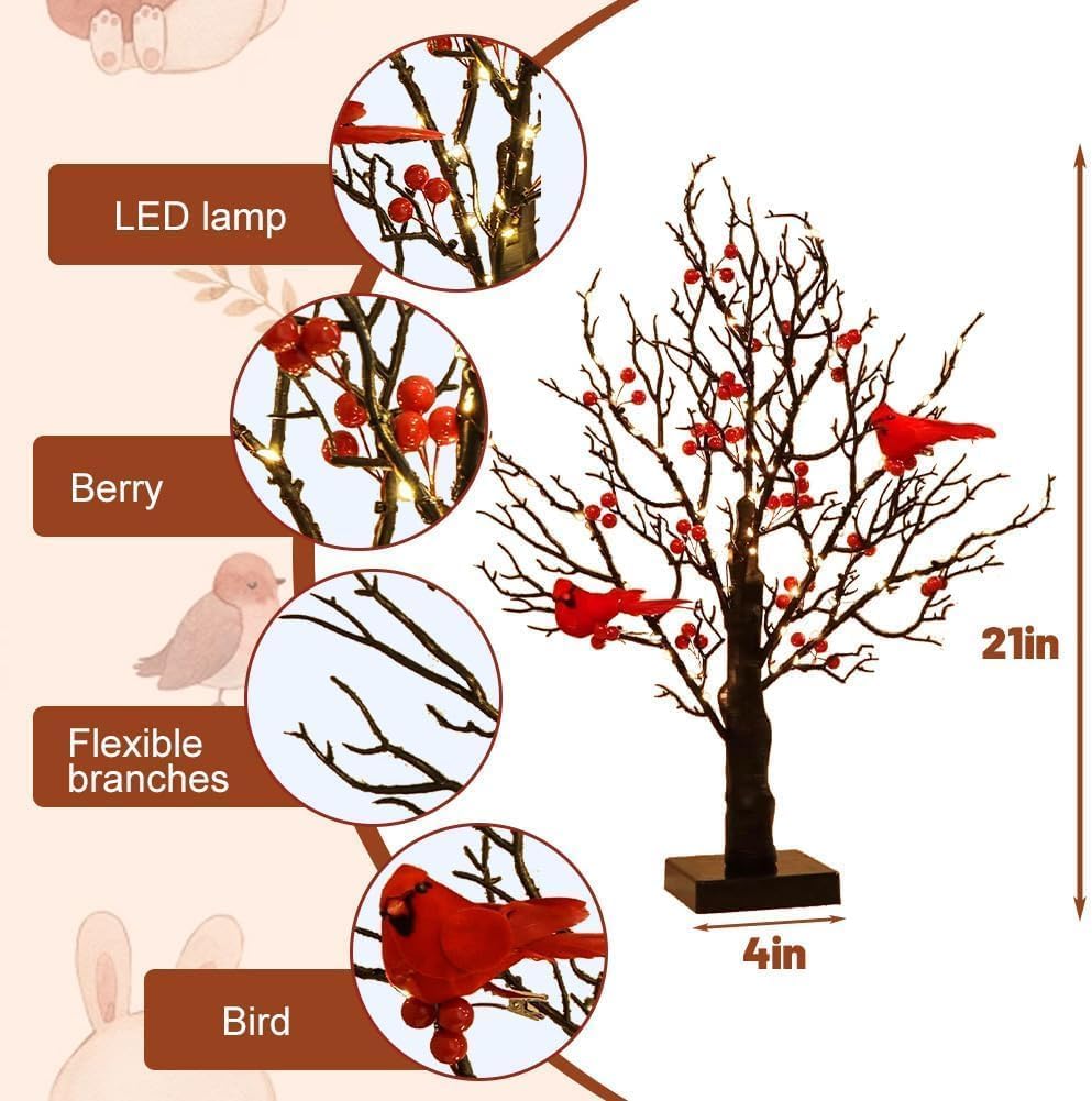 Vintage Glowing Tree With Cardinals  Vintage Glowing Tree  Operated By Battery Twinkle Trees Lamp With Lighted Branches  For Halloween  Christmas-No Batteries