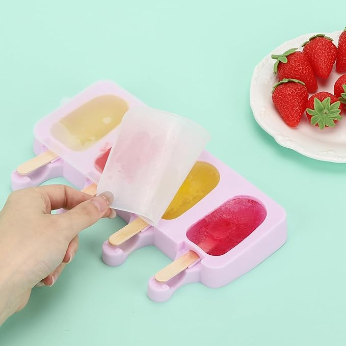 3 Set Violet Samll Popsicles Molds with Lids and 100 Pieces Wooden Popsicles Sticks, 4 Cavities Silicone Ice Cream Molds for Making Cakesicles, Cake Pops, Ice Cream - BPA Free