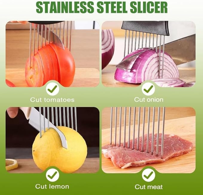 Onion Holder for Slicing, Onion Cutter Vegetable Chopper, Stainless Steel Slicer for Potato, Avocados, Eggs, Food Slicer Assistant Tool for Fruit Lemon and Meat (1)