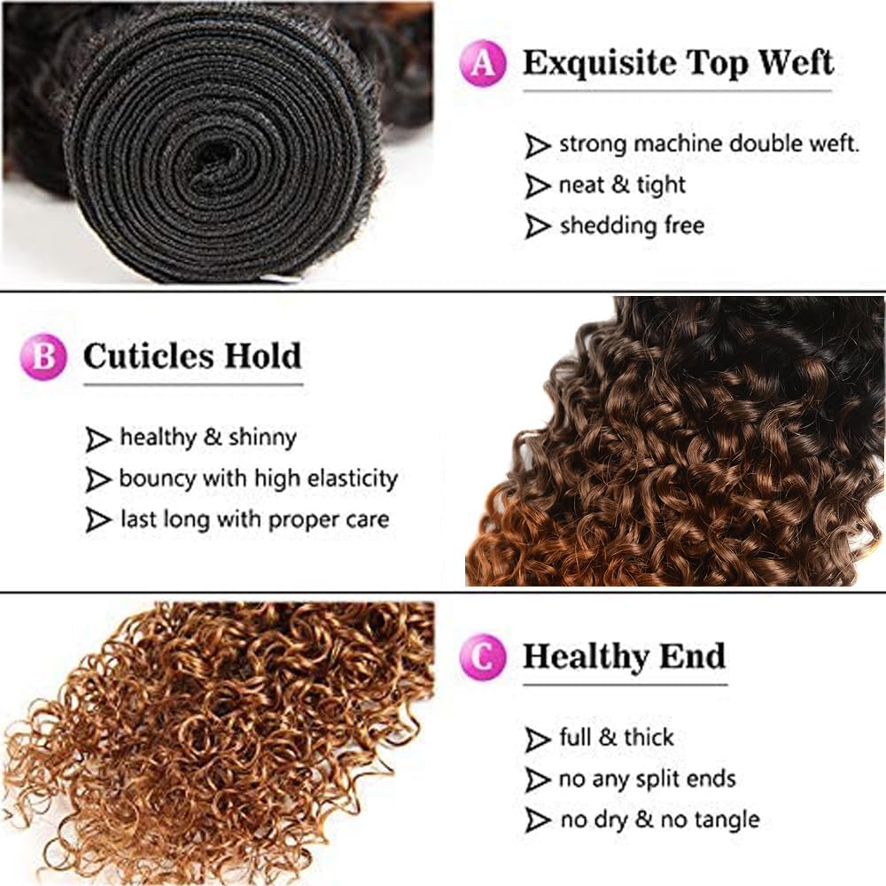 Peenoll 22 24 26 Inch Jerry Curly Human Hair Bundles Omber Natural Chocolate Brown T1B/4/30 Weave Bundles Human Hair 12A Unproce