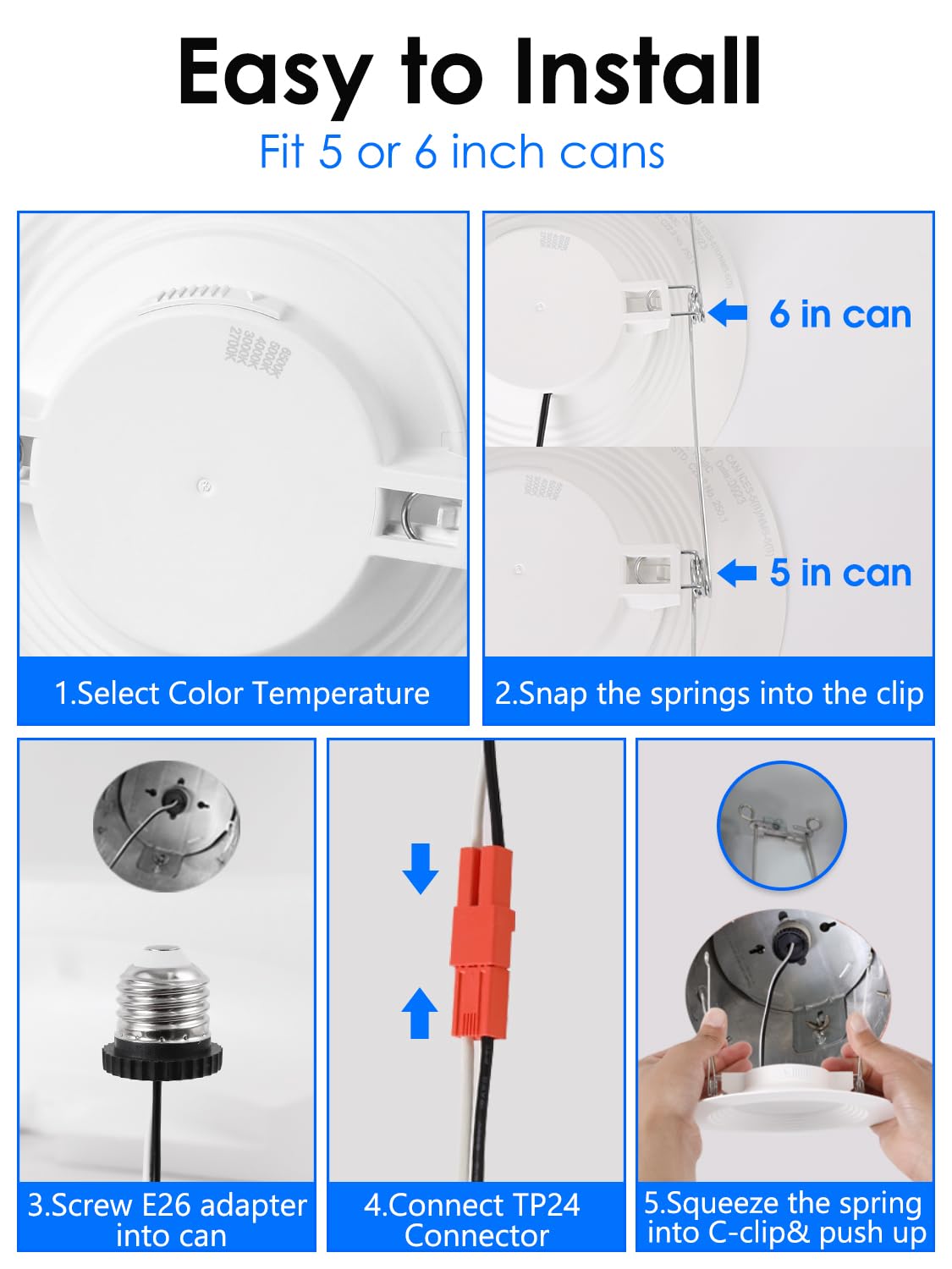 2 Pack 5/6 Inch 5Cct Led Recessed Lighting  Dimmable Can Lights With Baffle Trim  2700K/3000K/4000K/5000K/6500K Selectable  12.5W=100W  950Lm  Wet Rated  Retrofit Installation  Etl & Fcc