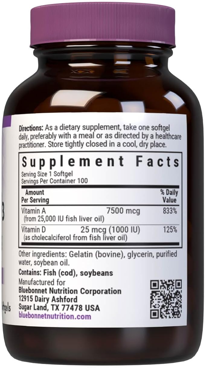 Bluebonnet Nutrition Vitamin A & D3 25,000 IU/1,000 IU from Deep Sea, Cold Water, Fish Oil - For Eye Health & Immune Function* - Gluten Free - Dairy Free - Molecularly Distilled - 100 Softgel/Servings