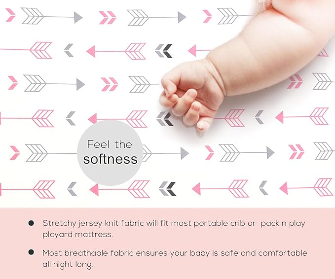 Stretchy Fitted Pack n Play Playard Sheet Set BROLEX 2 Pack Portable Mini Crib Sheets,Convertible Playard Mattress Cover,Ultra Soft Material,Pink White Arrow
