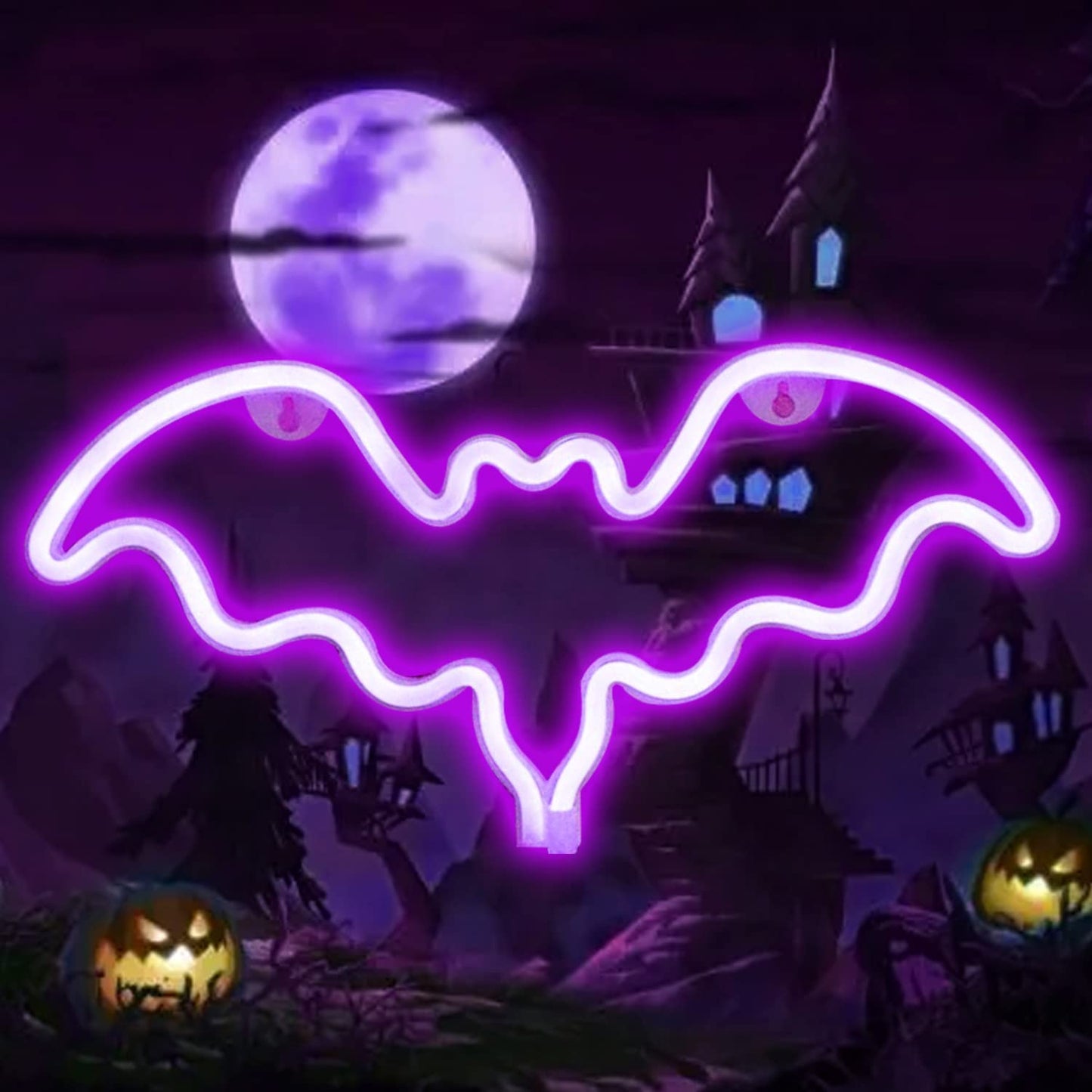 Vicila LED Neon Bat Sign, Purple Gothic Desk Lamp, Battery Operated, 39.4in x 7.1in, Halloween Decor