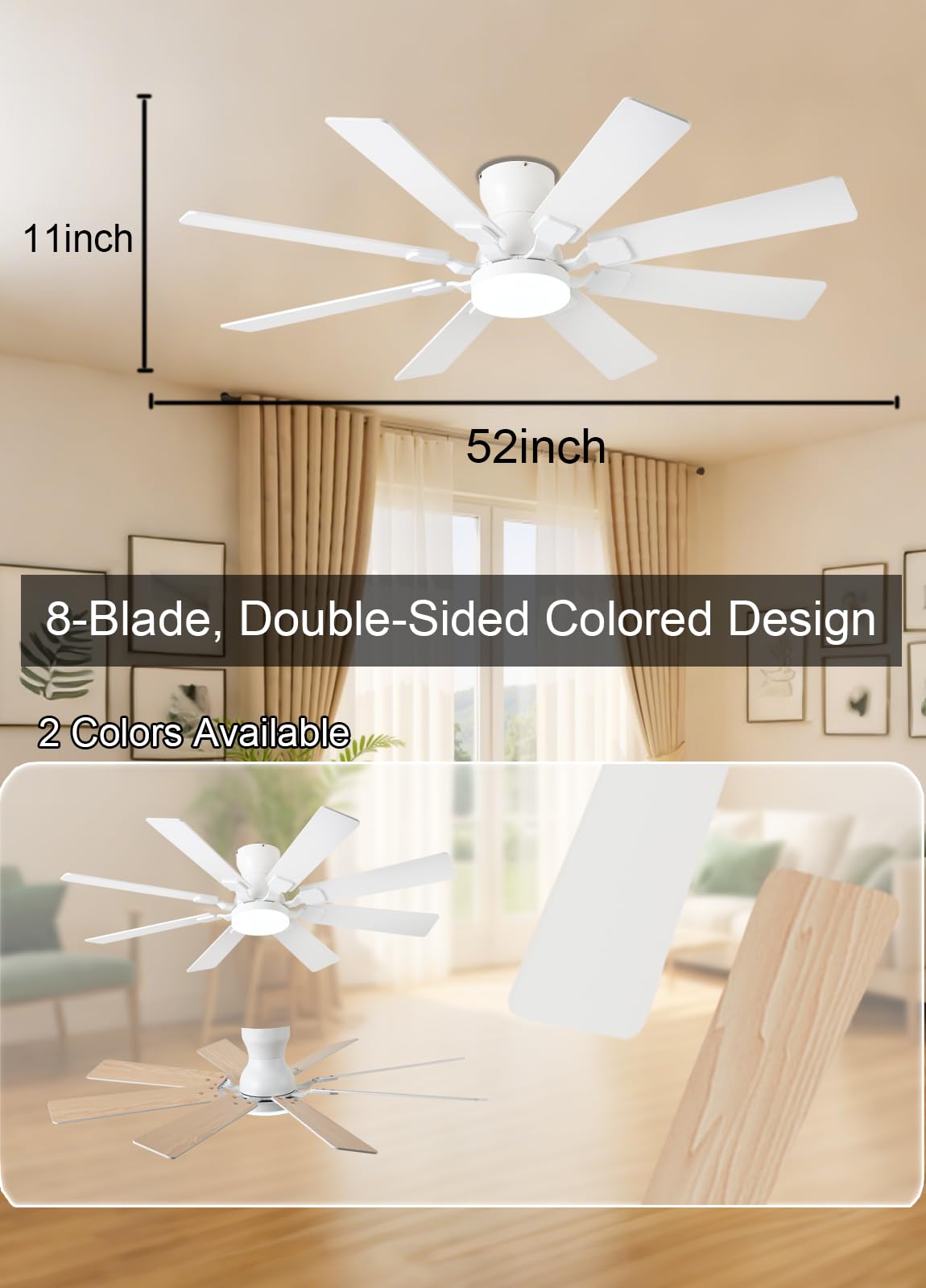 Jsaitee 52 Inch Ceiling Fan With Light, 6 Speeds Reversible Low Profile Ceiling Fan With Light And Remote/App Control, 3 Color T
