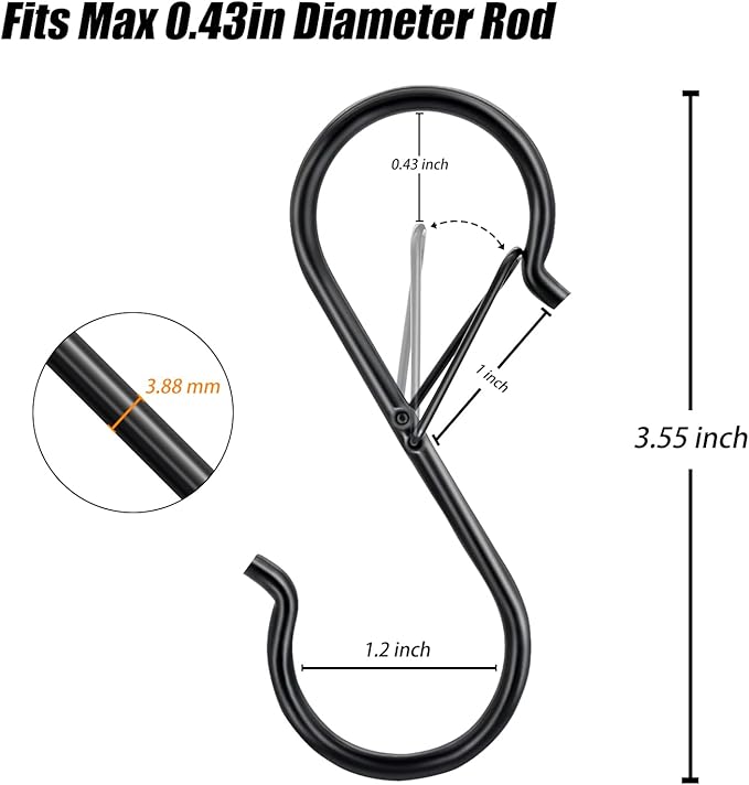 10 Pack S Hooks for Hanging, 3.5 Inch S Hooks Heavy Duty for Hanging Clothes Plants Black S Shaped Hooks with Safety Buckle Pot Rack Closet Hooks for Kitchen Utensil, Pots