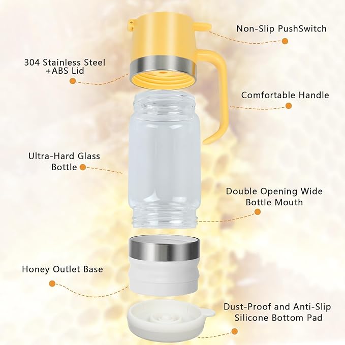 Honey Dispenser No Drip with Base 2025 Upgrade, 12 OZ Glass Honey Jar pot with Handle, Syrup Dispenser for Coffee or Tea, Mess Free Honey Dispenser for Honey and Syrup, Honey Container