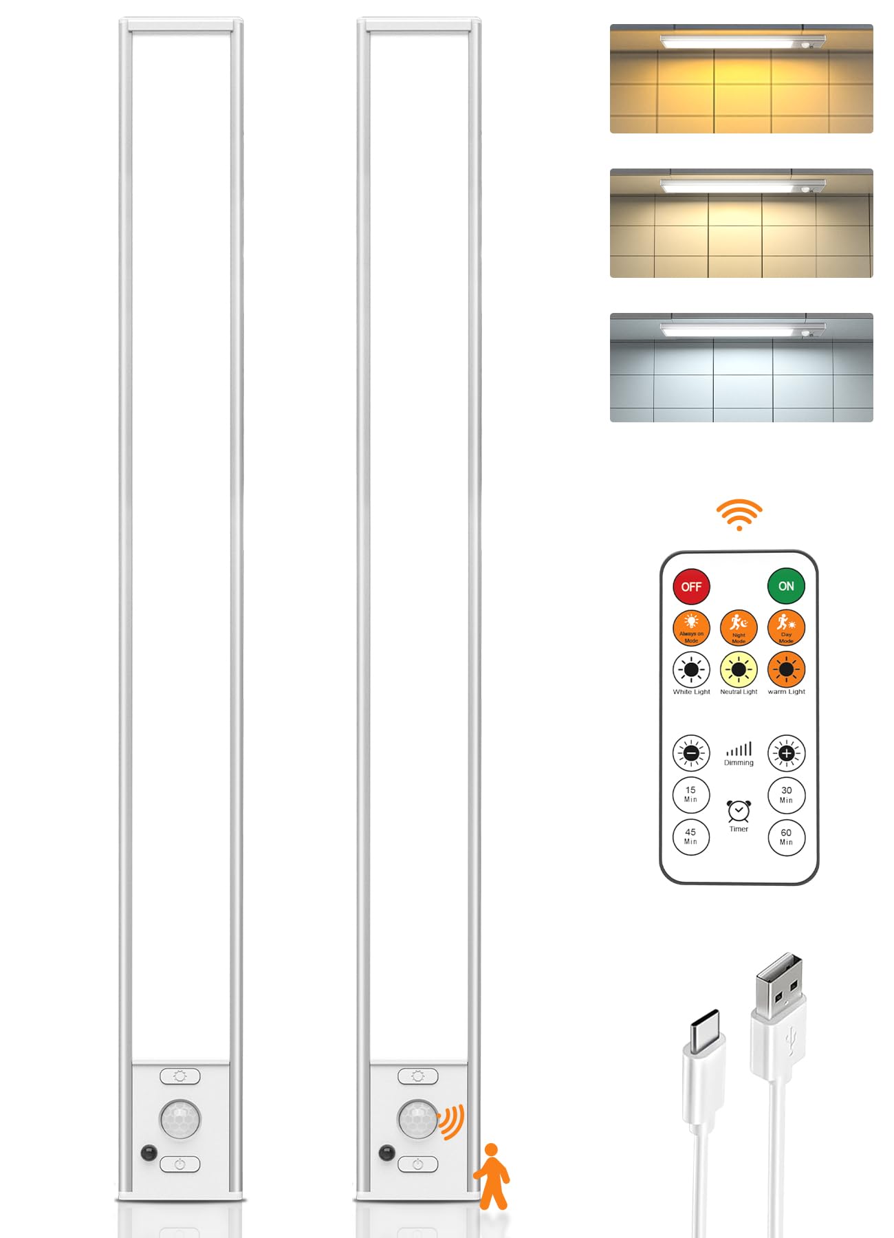 Flysein Under Cabinet Lights, 160 LED Motion Sensor, USB Rechargeable, 2 Pack, 15.9 Inch, White, Model QYD-CGD-001