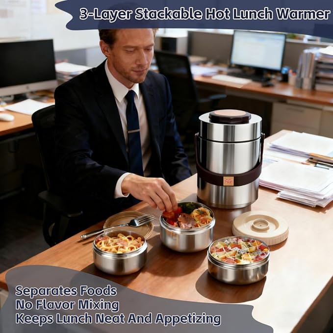 Vacuum Insulated Food Container Set with 3 Stackable Compartments - 67oz Adults Thermal Lunch Box, Leak-Proof Stainless Steel Wide Mouth Thermal Food Jar for Hot Food, Office & Outdoor